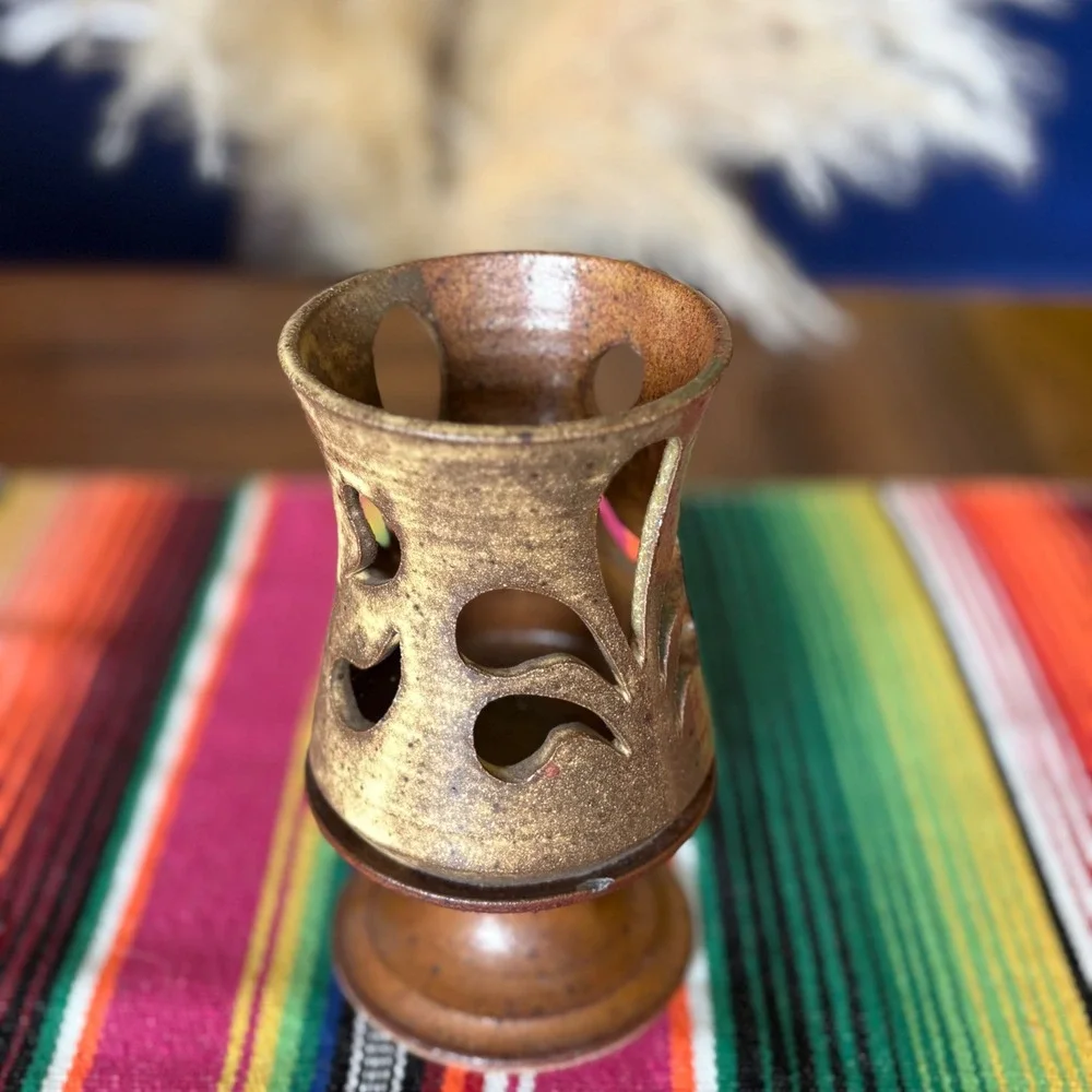 Studio Pottery Cutout Candle Holder Earthy Brown Stoneware Pedestal Votive
